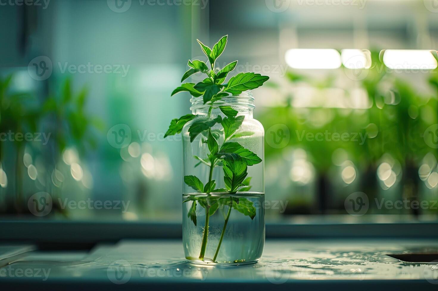 ai generato pianta ricerca, verde pianta nel un' bicchiere vaso nel un' laboratorio. ecologico allevamento e pianta sviluppo. foto