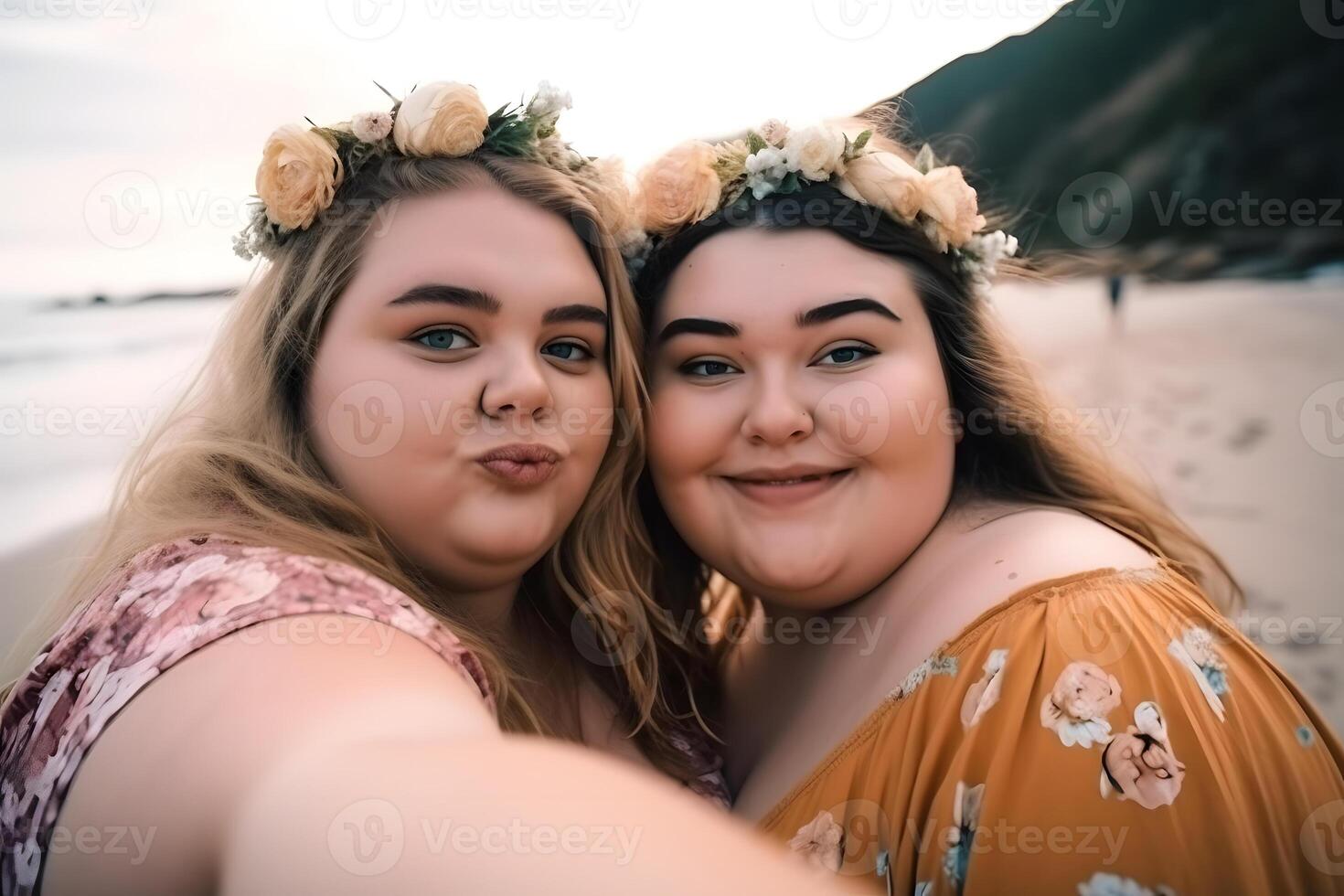 ai generato Due Grasso caucasico ragazze la spesa bene tempo a il spiaggia insieme, neurale Rete generato arte foto