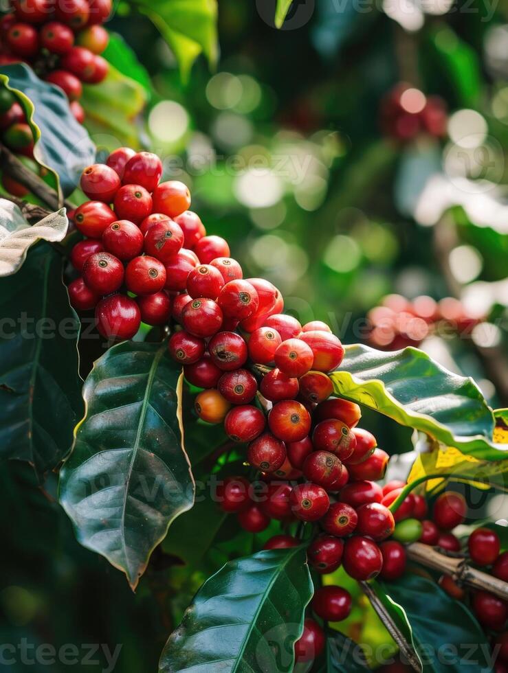 ai generato vicino su fresco biologico rosso crudo e maturo caffè ciliegia fagioli su albero piantagione foto
