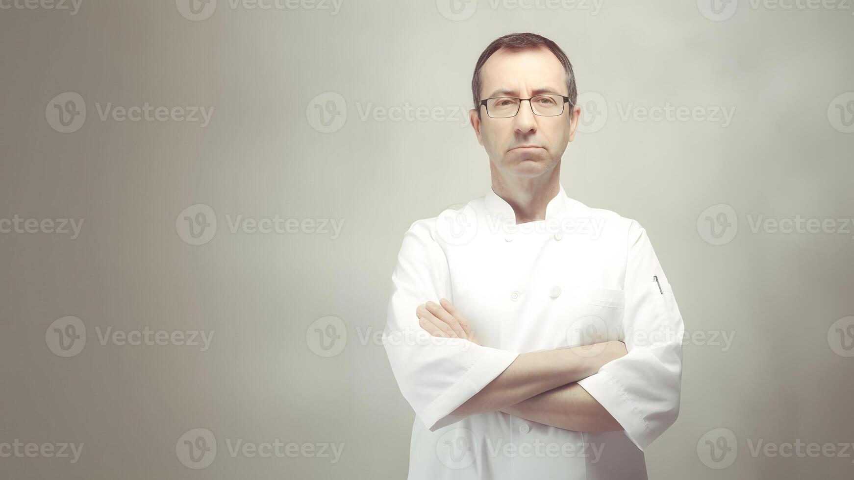 ai generato caucasico uomo nel medico o capocuoco uniforme in piedi con il suo braccia piegato, neurale Rete generato Immagine foto