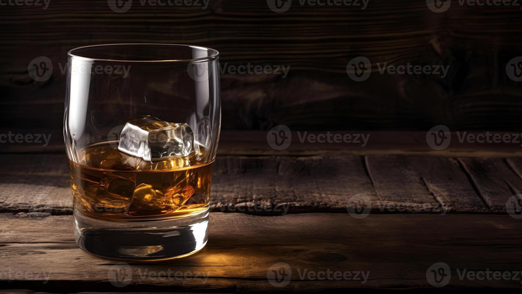 ai generato whisky su rocce nel bicchiere su rustico di legno sfondo con copia spazio, neurale Rete generato Immagine foto