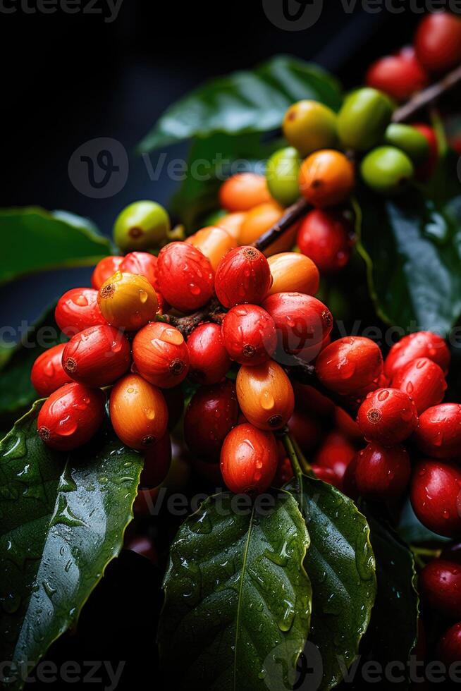 ai generato avvicinamento di caffè frutta a un' caffè azienda agricola su un' ramo, Colombia foto