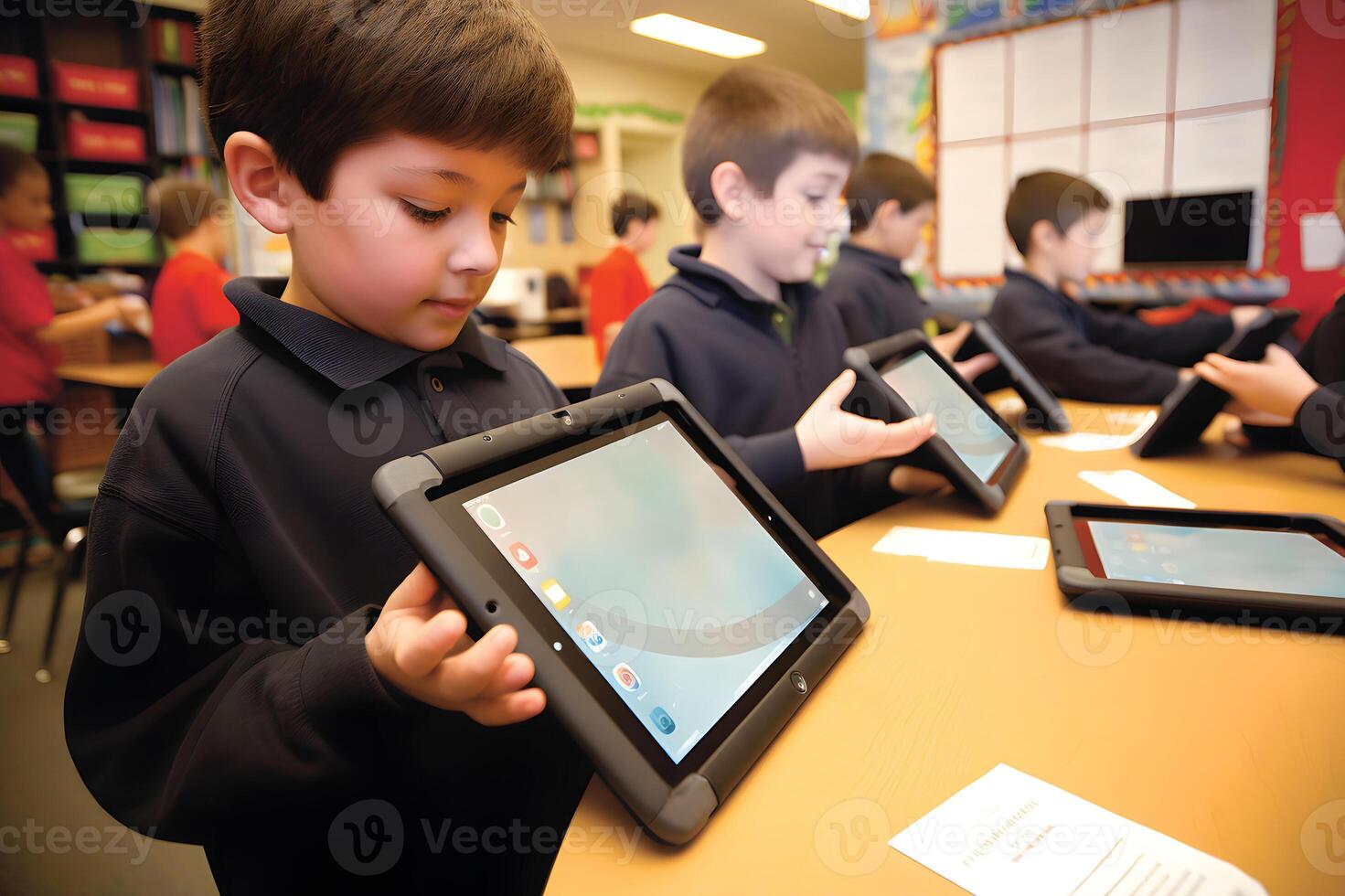 ai generato tecnologia nel aula - bambini studenti nel scuola utilizzando tavoletta computer durante formazione scolastica processi, fotorealistico, neurale Rete generato Immagine foto