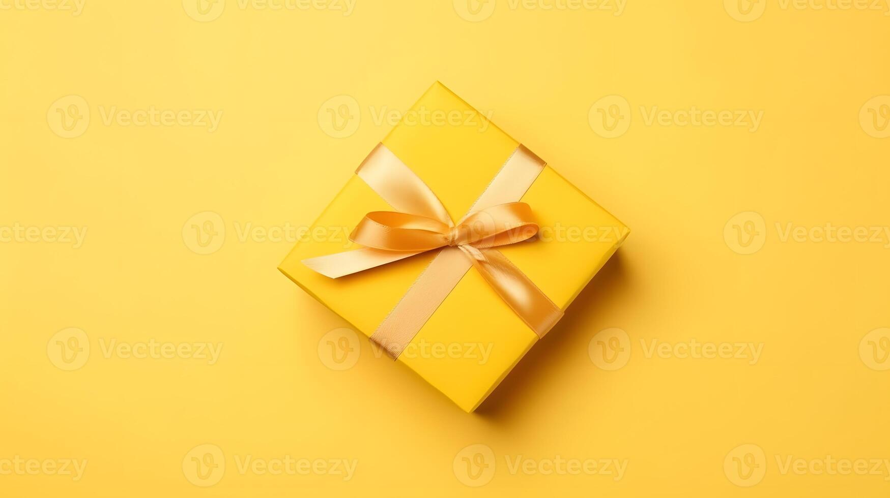 ai generato uno giallo regalo scatola nel mestiere involucro carta e raso nastro con arco su giallo pulito piatto superficie sfondo, neurale Rete generato Immagine foto