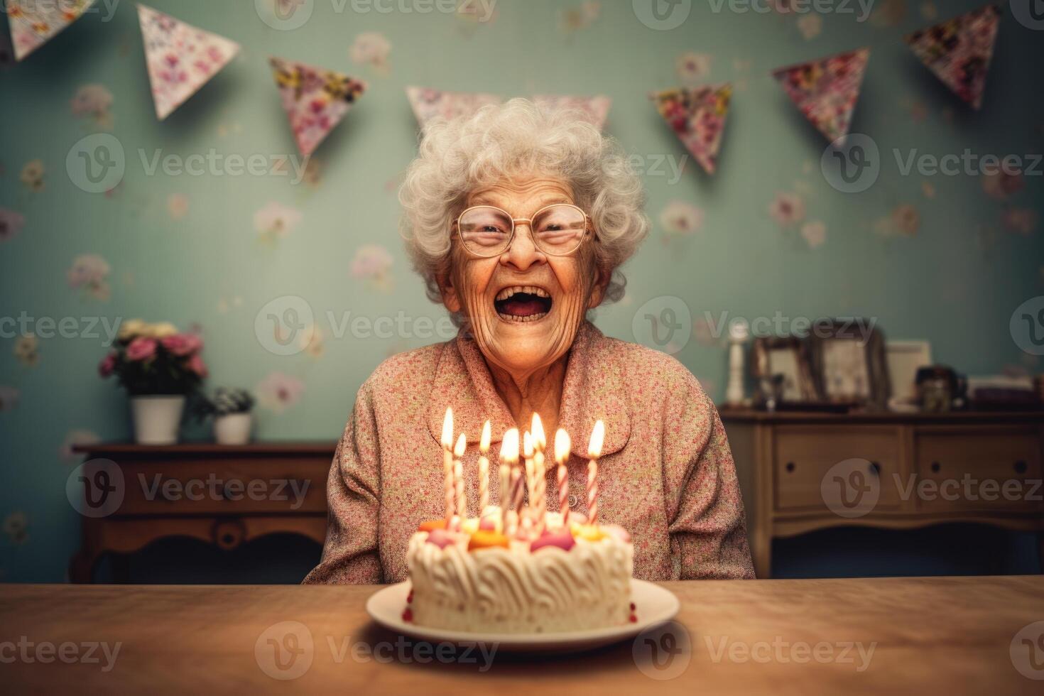 ai generato un anziano donna colpi su il candele su un' compleanno torta a sua casa foto