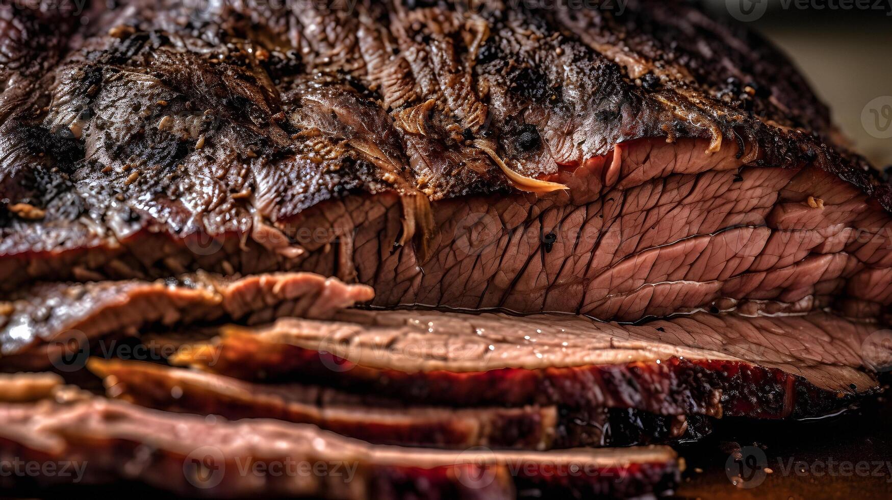 ai generato avvicinamento Visualizza di acquolina in bocca stuzzicante grande affettato pezzo di appena cucinato carne, neurale Rete generato Immagine foto