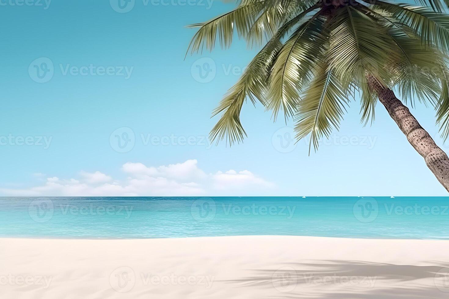 ai generato tropicale spiaggia Visualizza a soleggiato giorno con bianca sabbia, turchese acqua e palma albero, neurale Rete generato Immagine foto