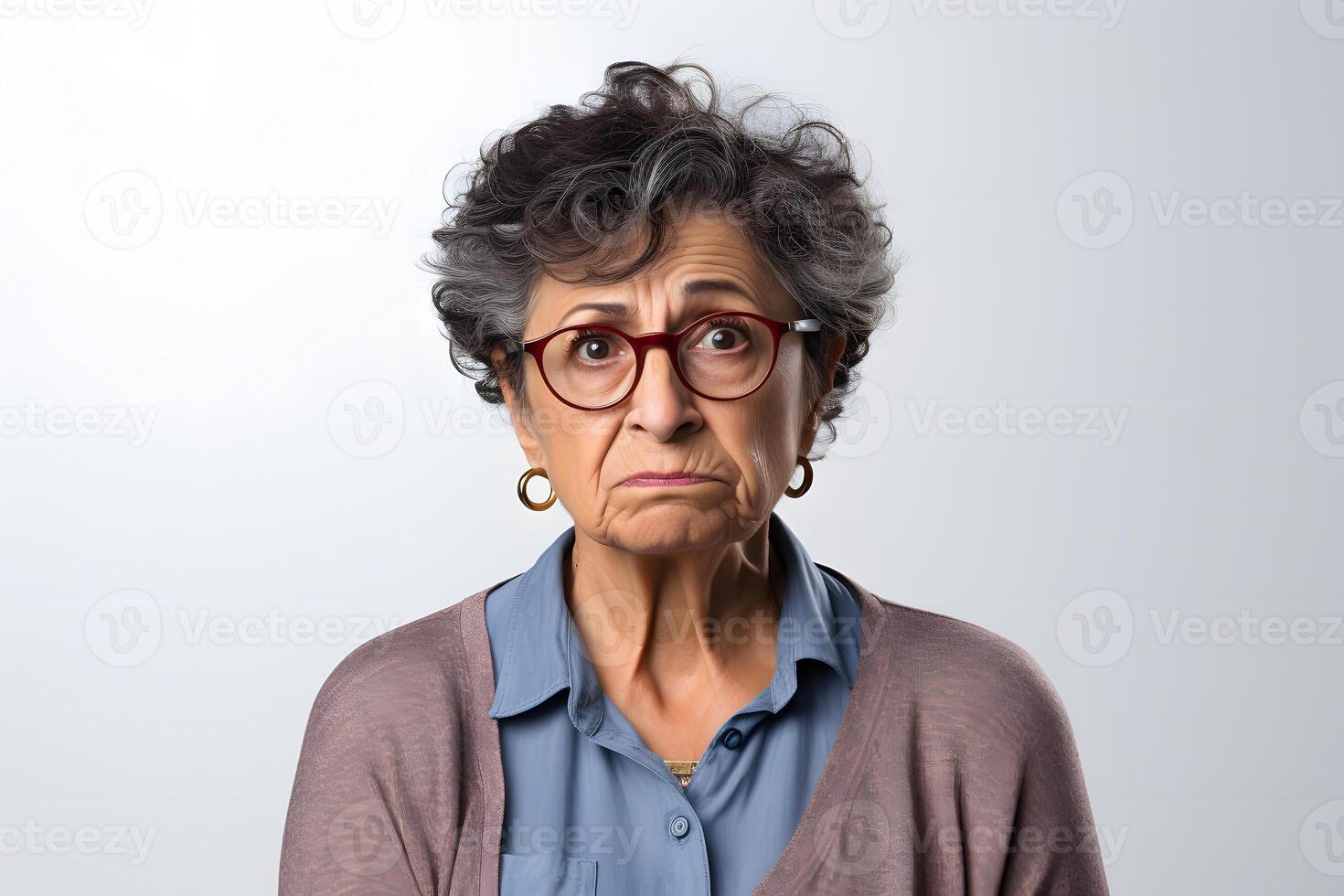 ai generato cipiglio anziano latino americano donna, testa e le spalle ritratto su bianca sfondo. neurale Rete generato fotorealistico Immagine foto