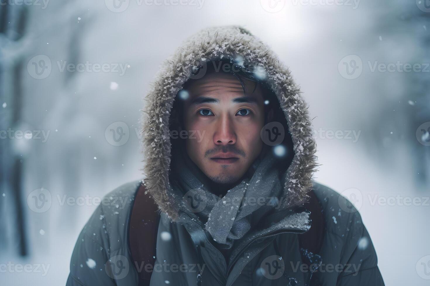 ai generato asiatico giovane adulto uomo perso nel foresta a nevoso inverno giorno, neurale Rete generato fotorealistico Immagine foto