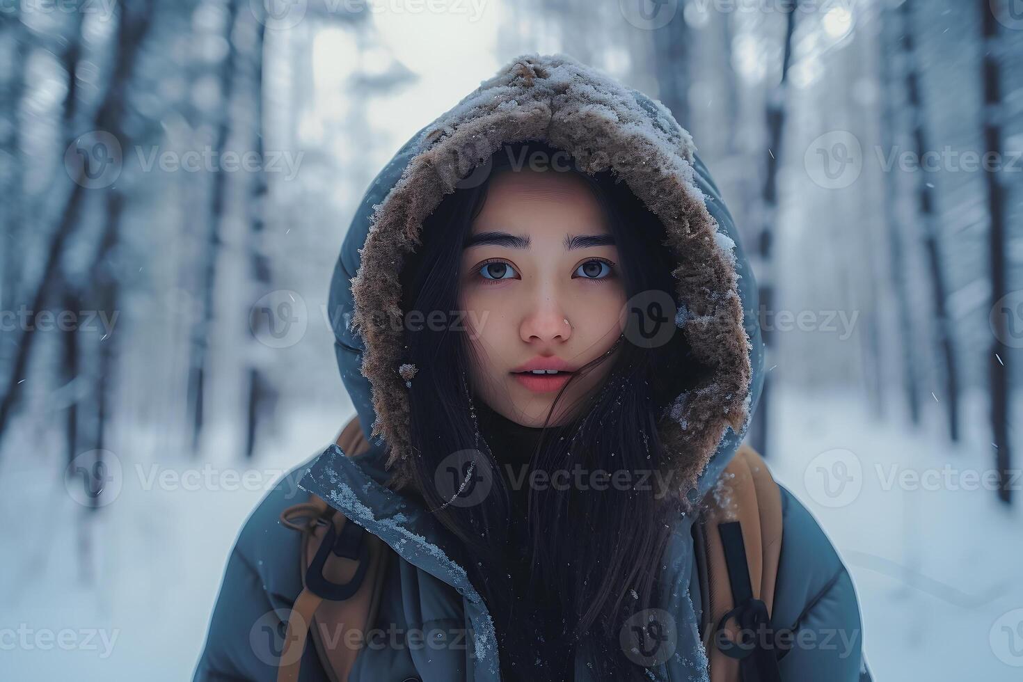 ai generato asiatico donna perso nel nevoso inverno foresta a giorno, neurale Rete generato fotorealistico Immagine foto