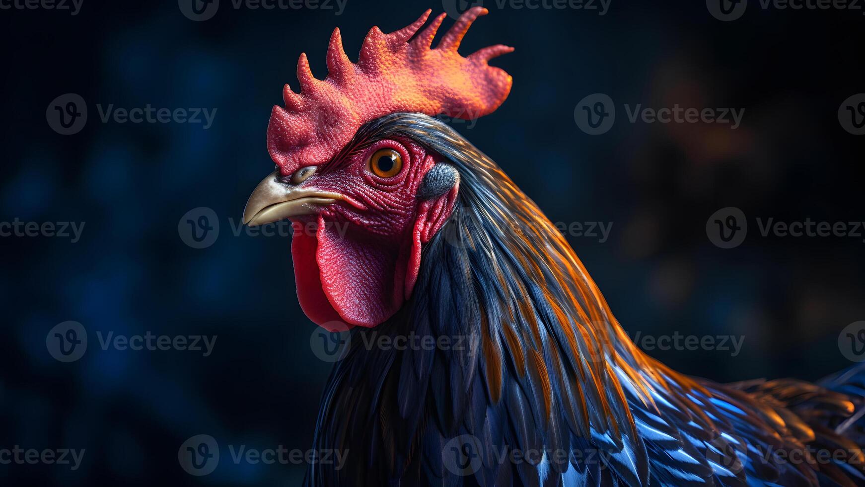 ai generato bellissima colorato Gallo vicino ritratto su nero sfondo, neurale Rete generato fotorealistico Immagine foto