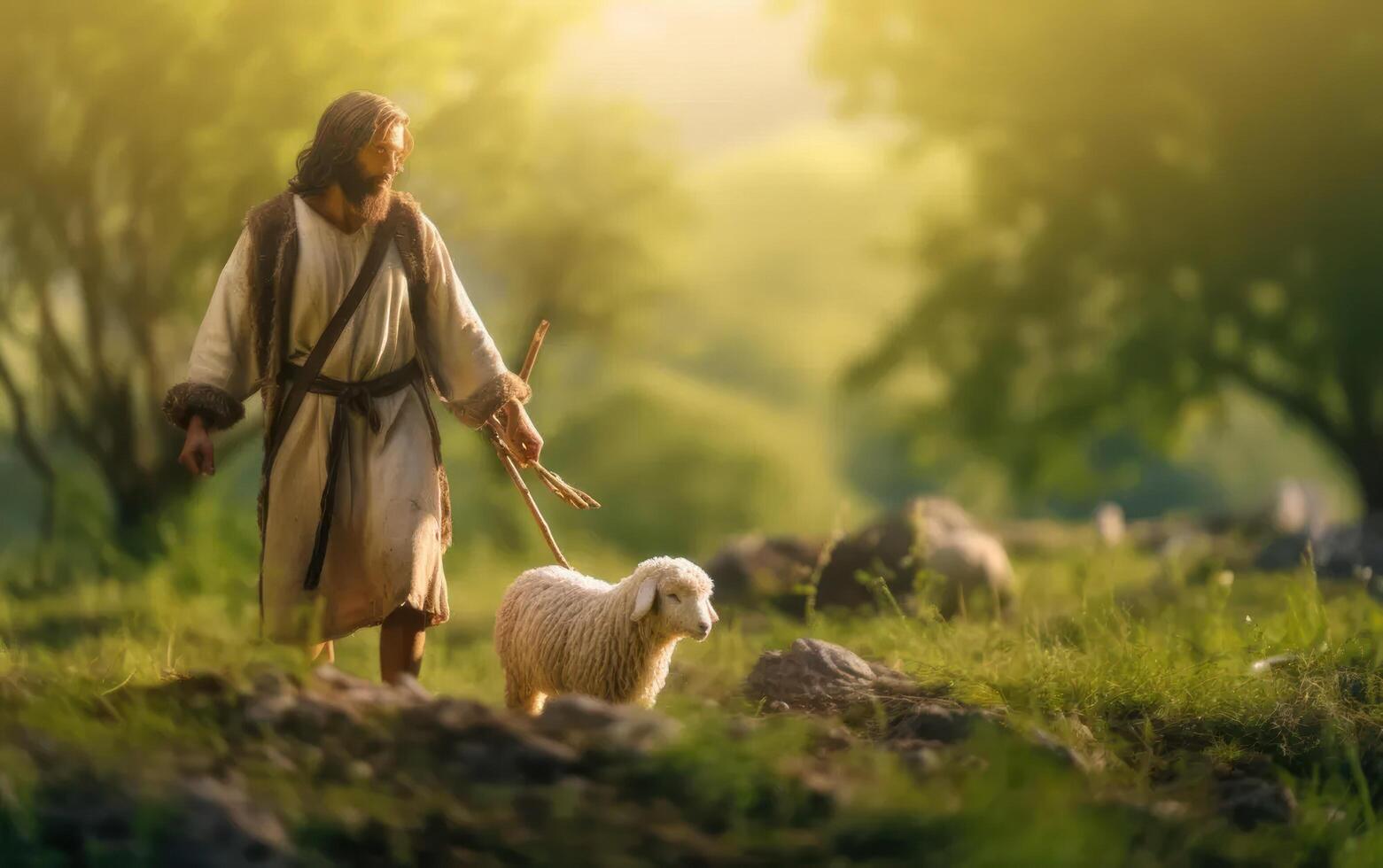 ai generato un' Bibbia Gesù pastore con il suo gregge di pecora durante tramonto. generativo ai foto