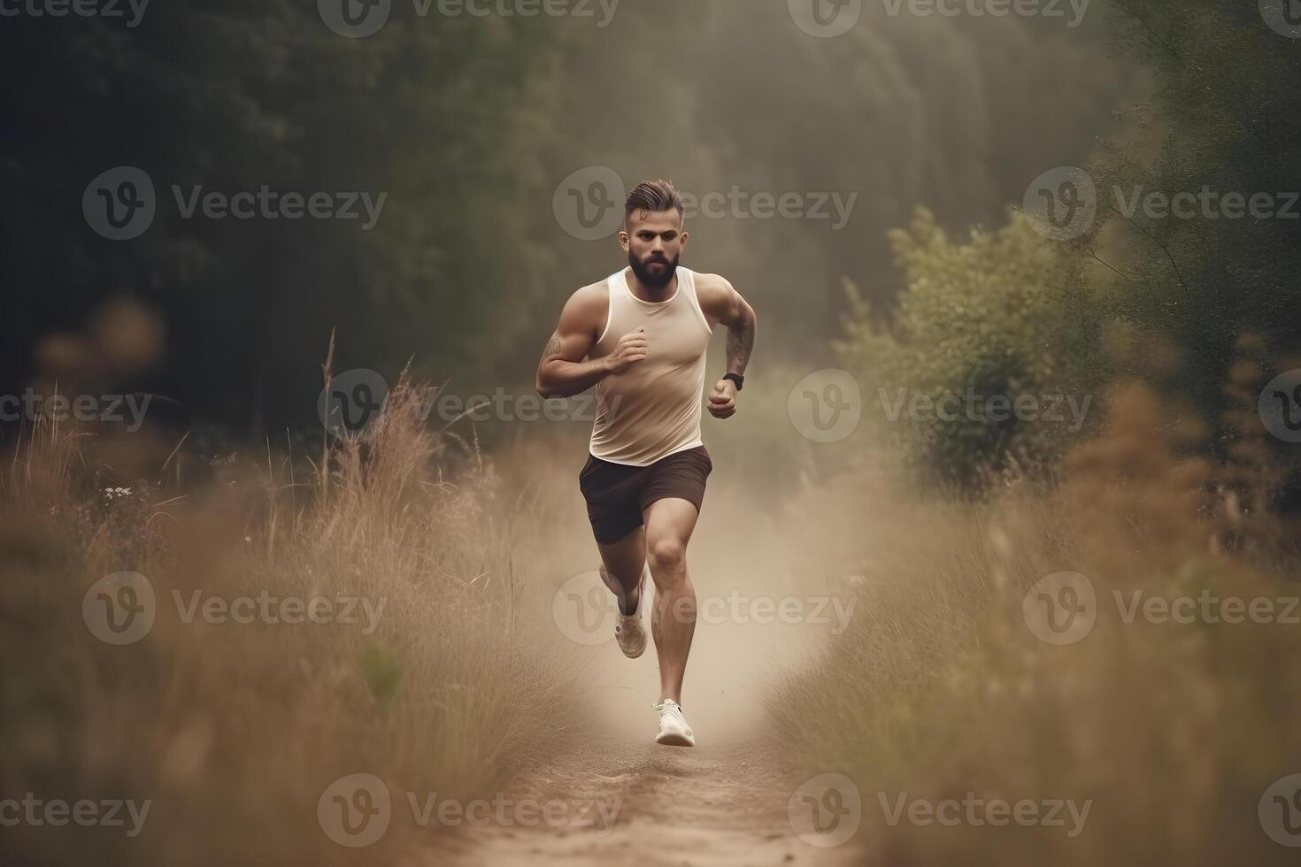 ai generato atletico giovane uomo in esecuzione nel un' mattina nebbioso foresta, salutare stile di vita concetto, neurale Rete generato Immagine foto