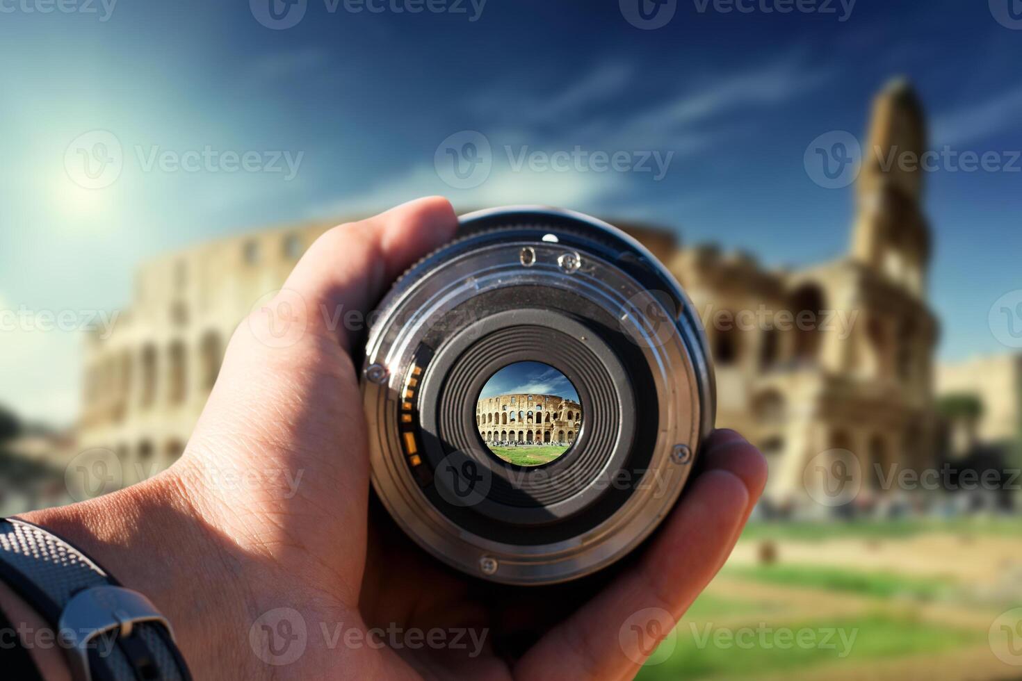 selettivo messa a fuoco tiro persona Tenere telecamera lente su colosseo turista assunzione un' immagine con telecamera lente su colosseo foto