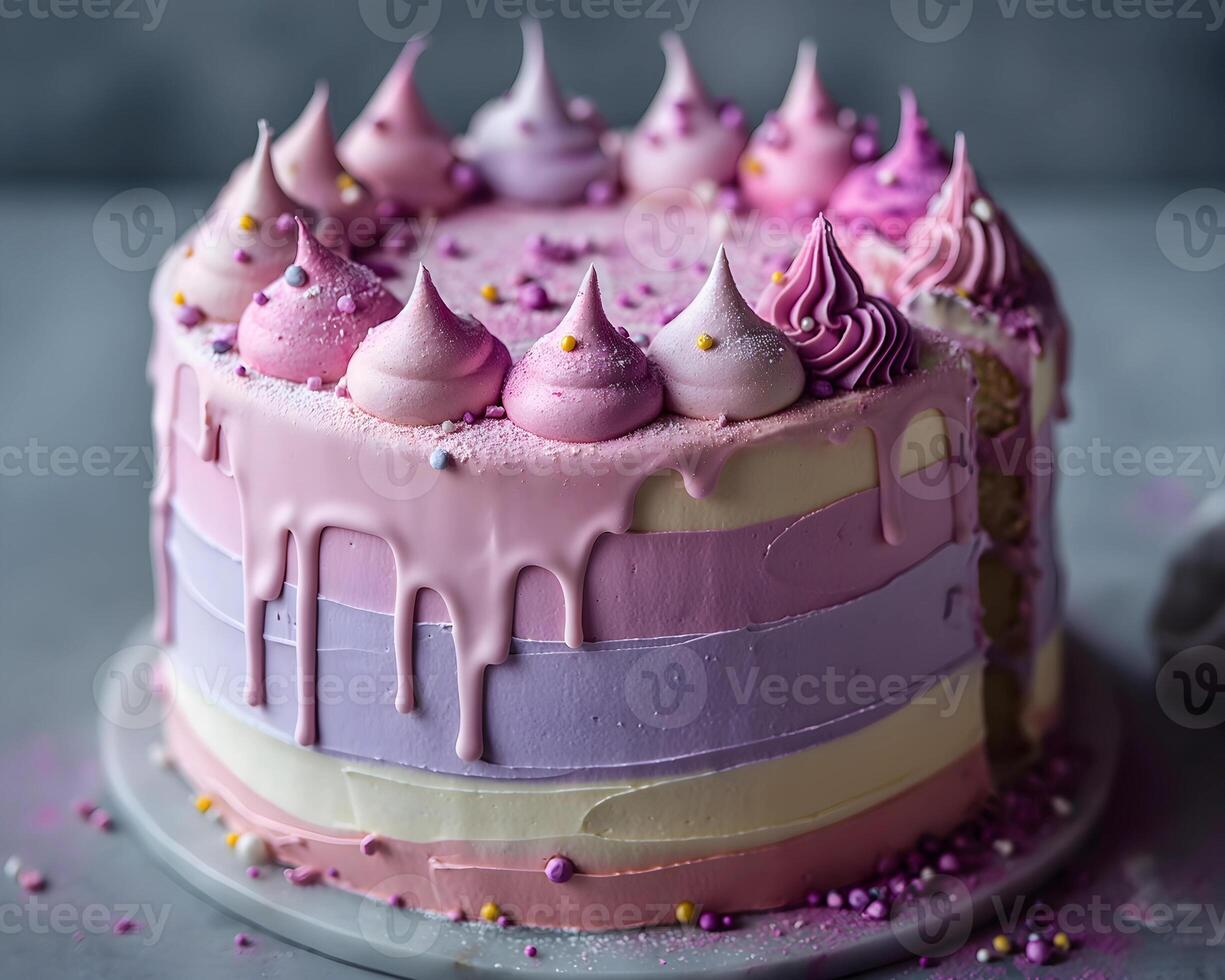 ai generato compleanno torta con rosa e viola glassa su un' grigio sfondo foto