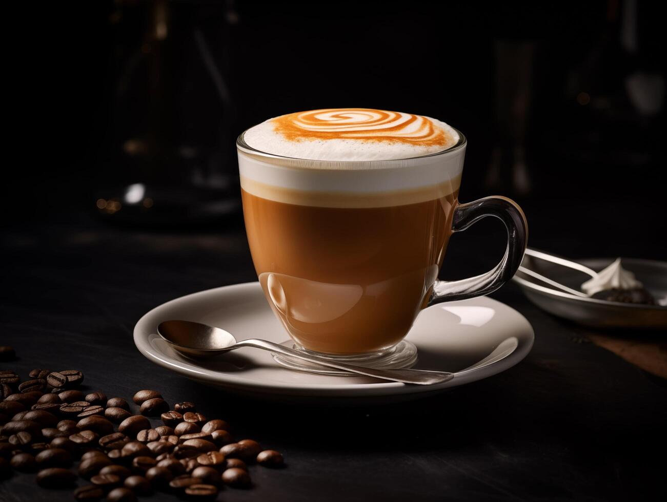 ai generato cappuccino con latte macchiato arte e caffè fagioli su buio sfondo foto