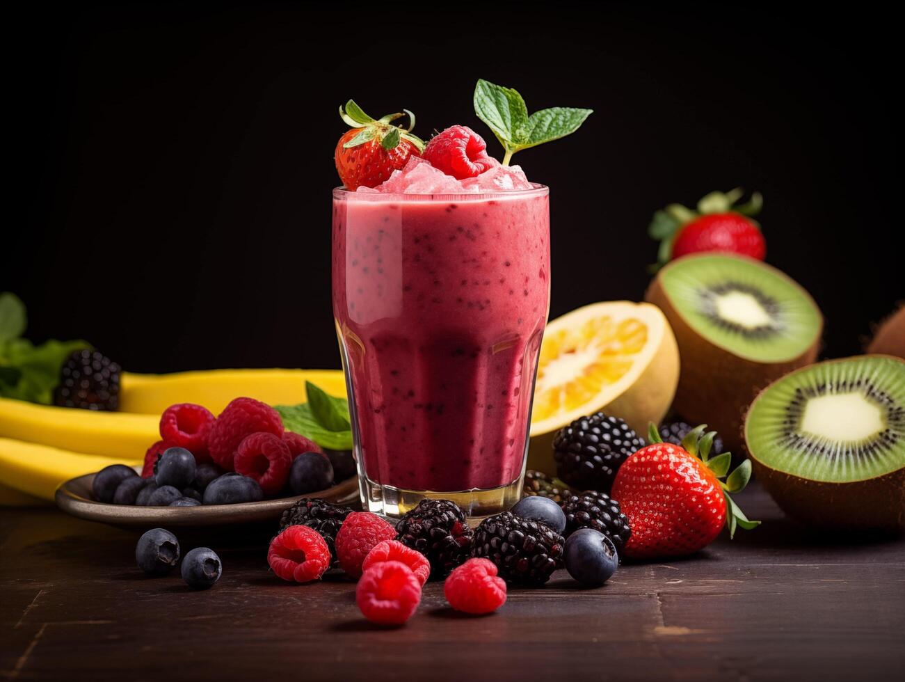 ai generato frullato con fresco frutti di bosco e frutta su un' buio di legno sfondo foto