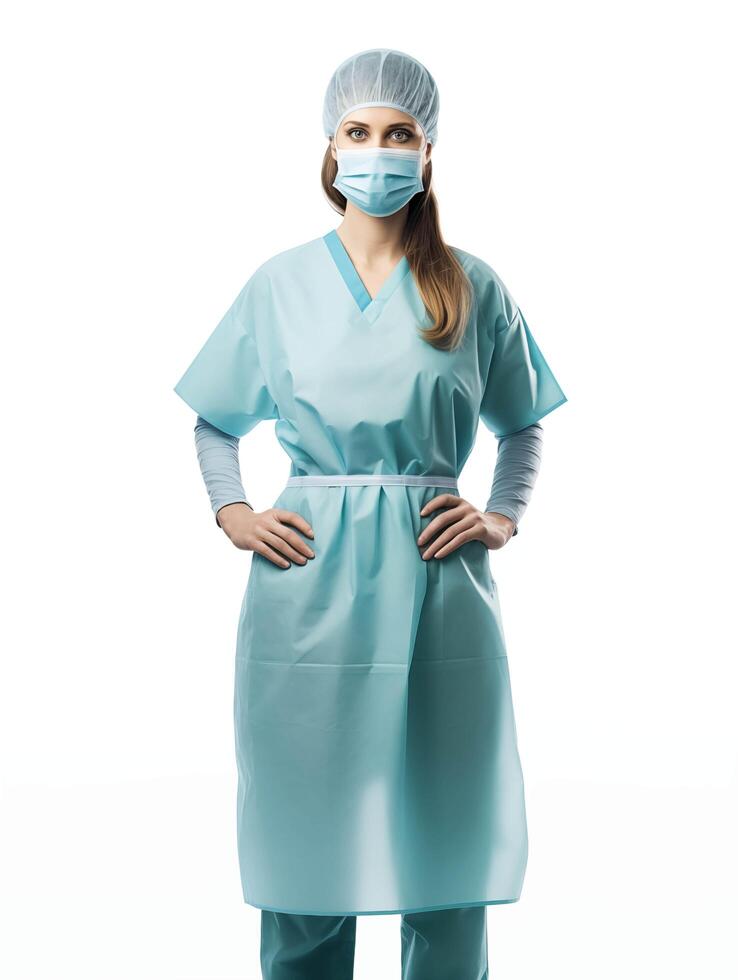 ai generato ritratto di giovane femmina medico nel medico maschera e scrub su bianca sfondo foto