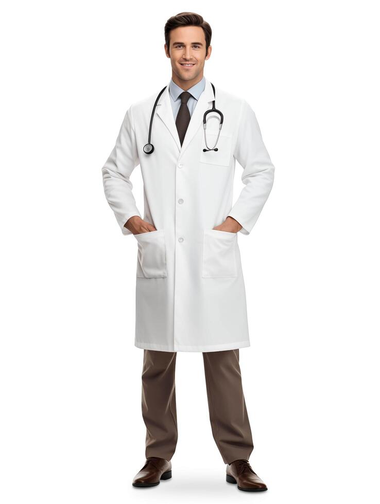 ai generato ritratto di un' giovane medico con stetoscopio isolato su bianca sfondo foto