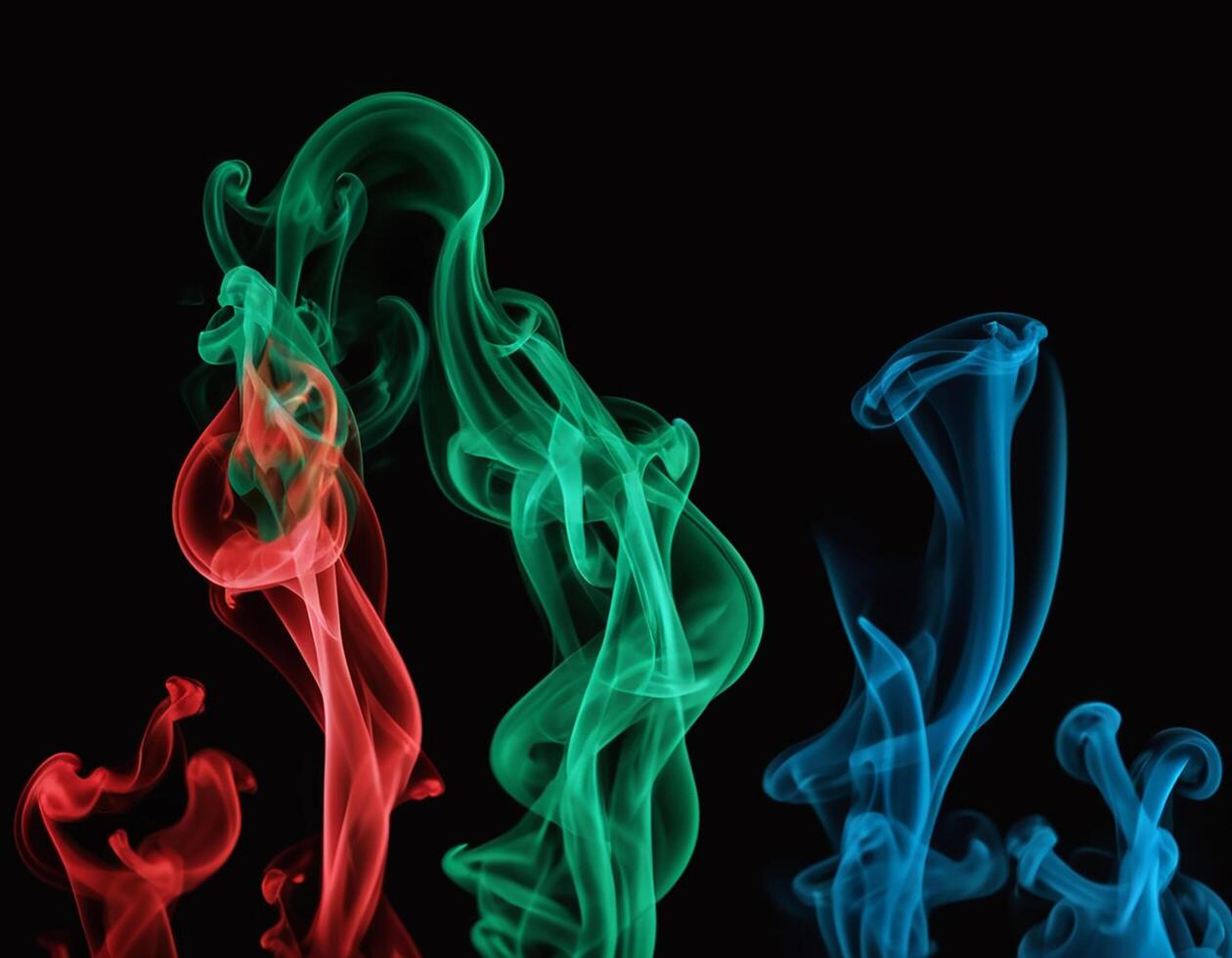 ai generato rosso, verde e blu Fumo con nero sfondo. Fumo miscelazione nel buio camera. generativo ai foto