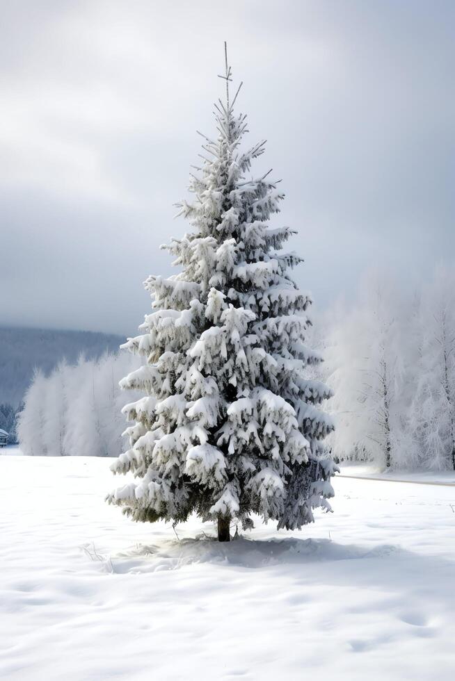 pino alberi o decorato Natale albero coperto di neve su bellissimo inverno. Natale tema all'aperto di ai generato foto