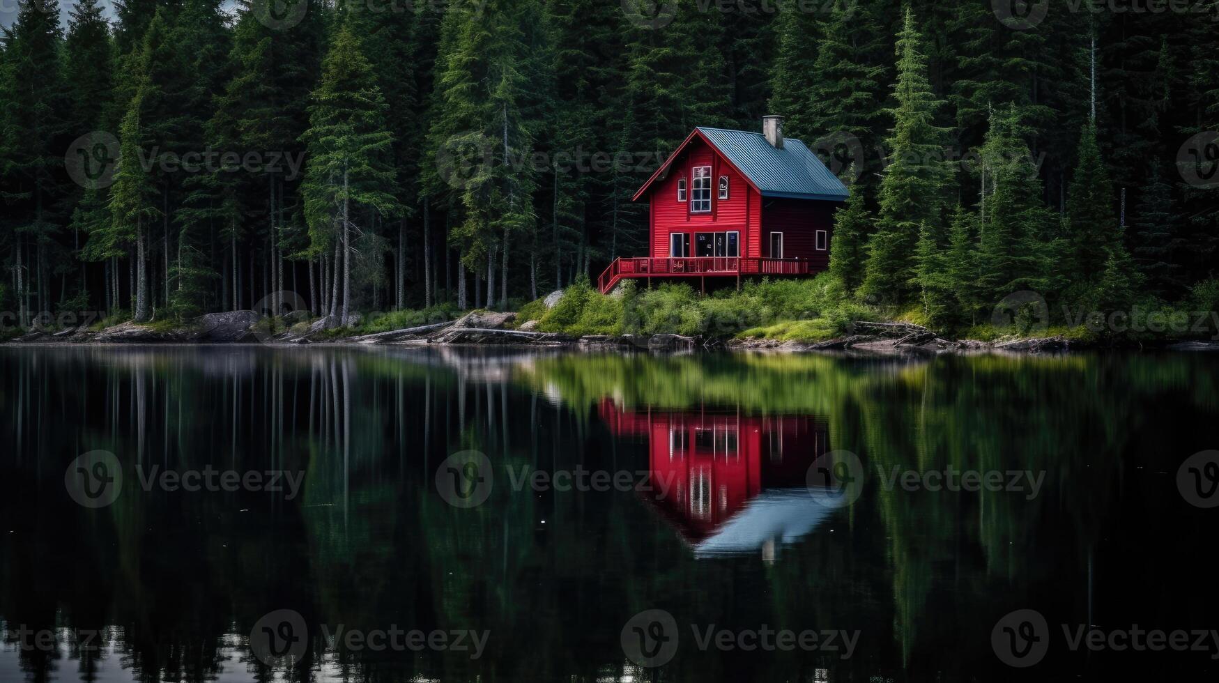 ai generato poco rosso Casa nel il boschi vicino il lago. solitario Casa nel il foresta foto