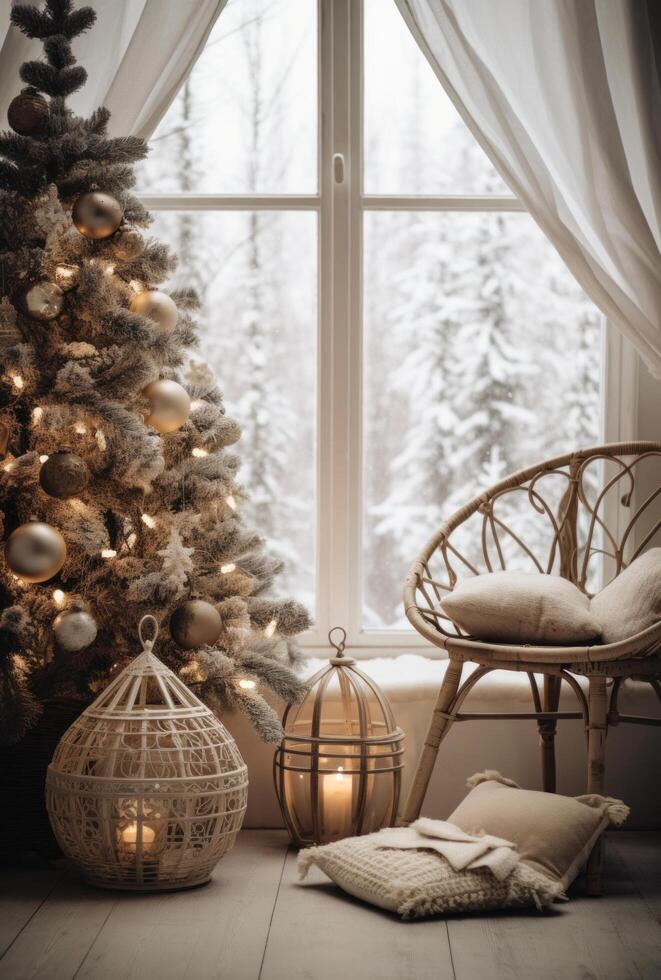 ai generato tradizionale Natale arredamento elegante interno stile con il nordico inverno giardino, foto