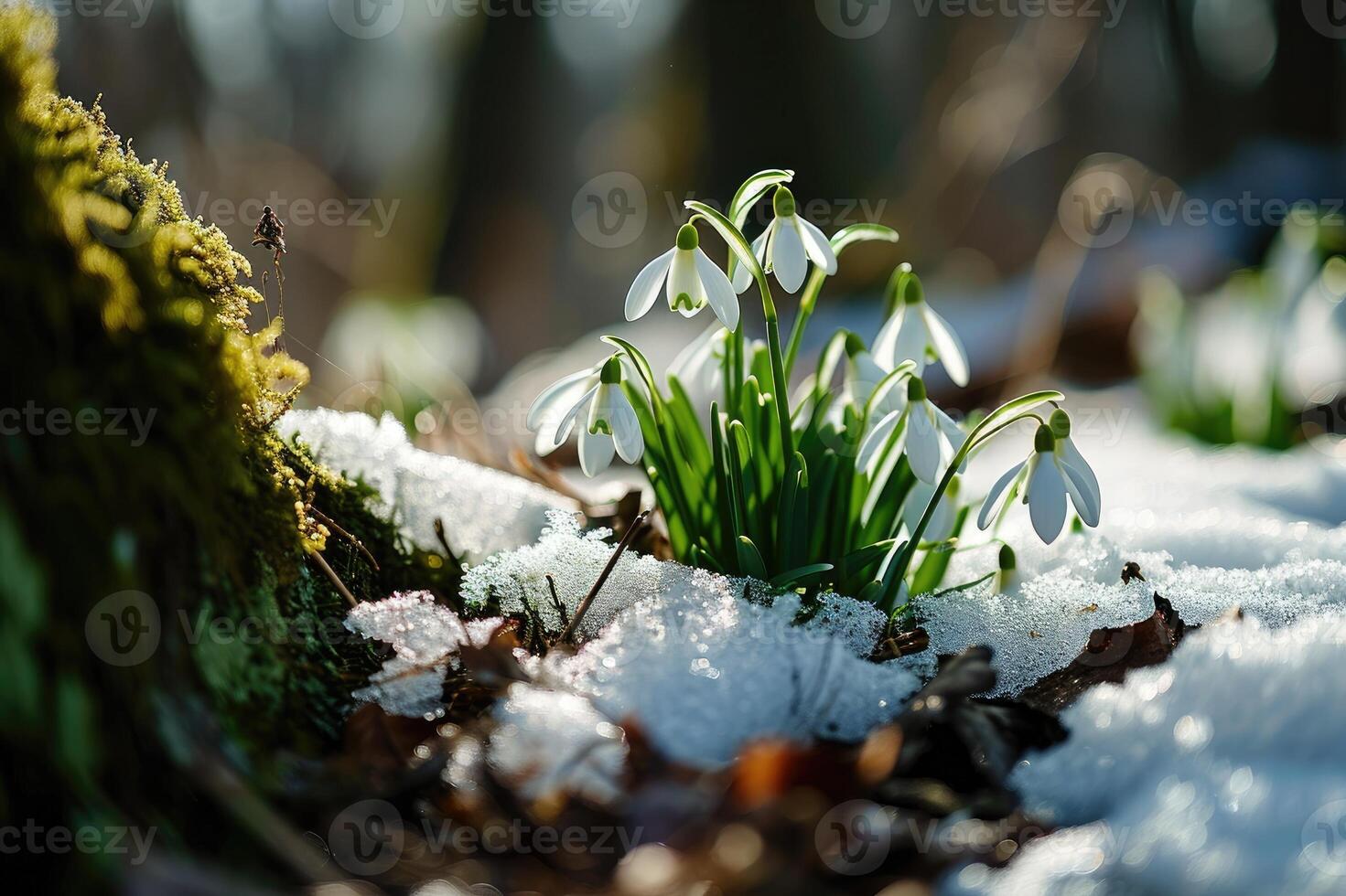 ai generato bucaneve fiori fioritura nel neve copertura. primo primavera fiori foto