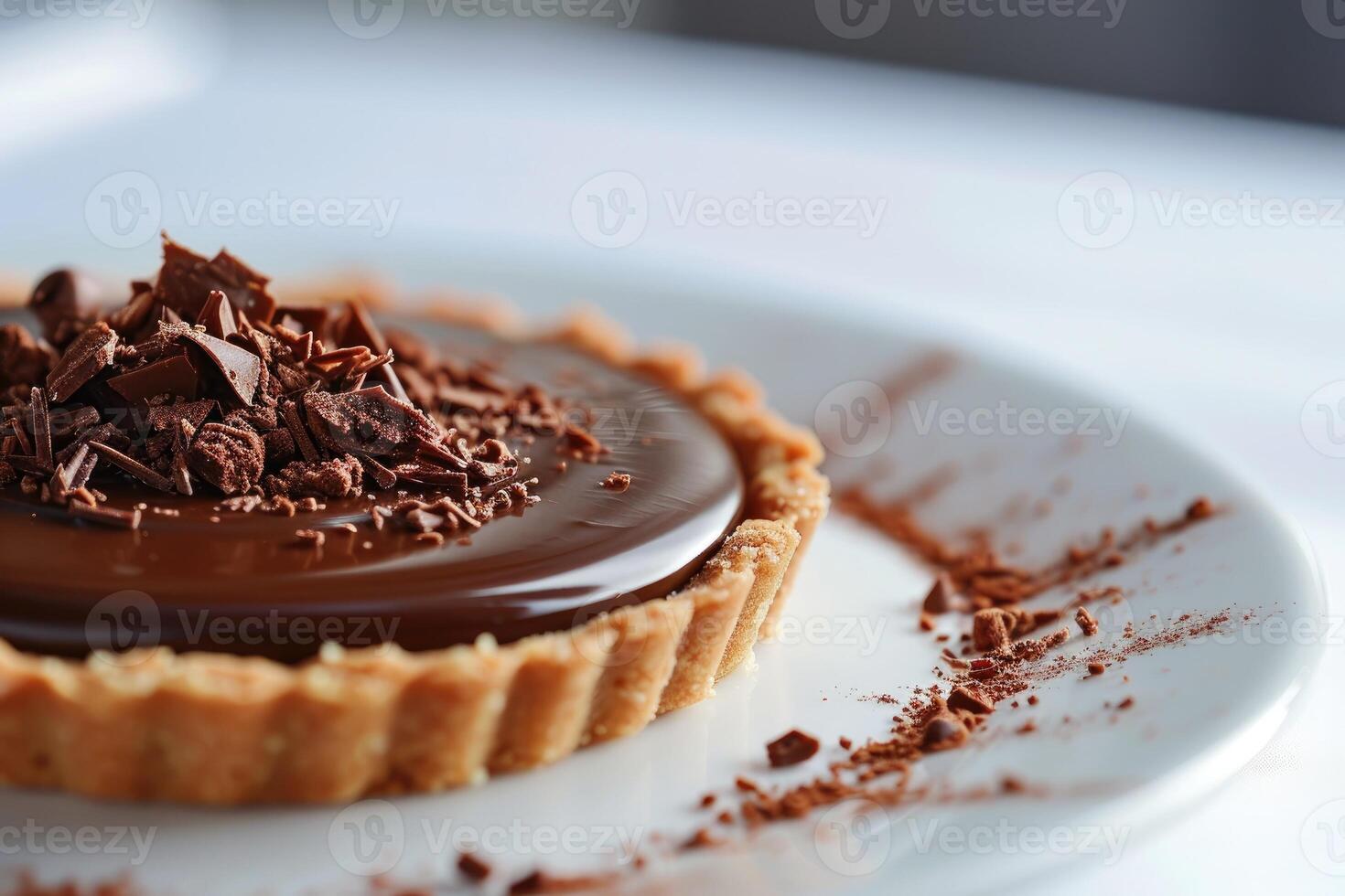 ai generato vicino su di un' cioccolato crostata su bianca piatto foto