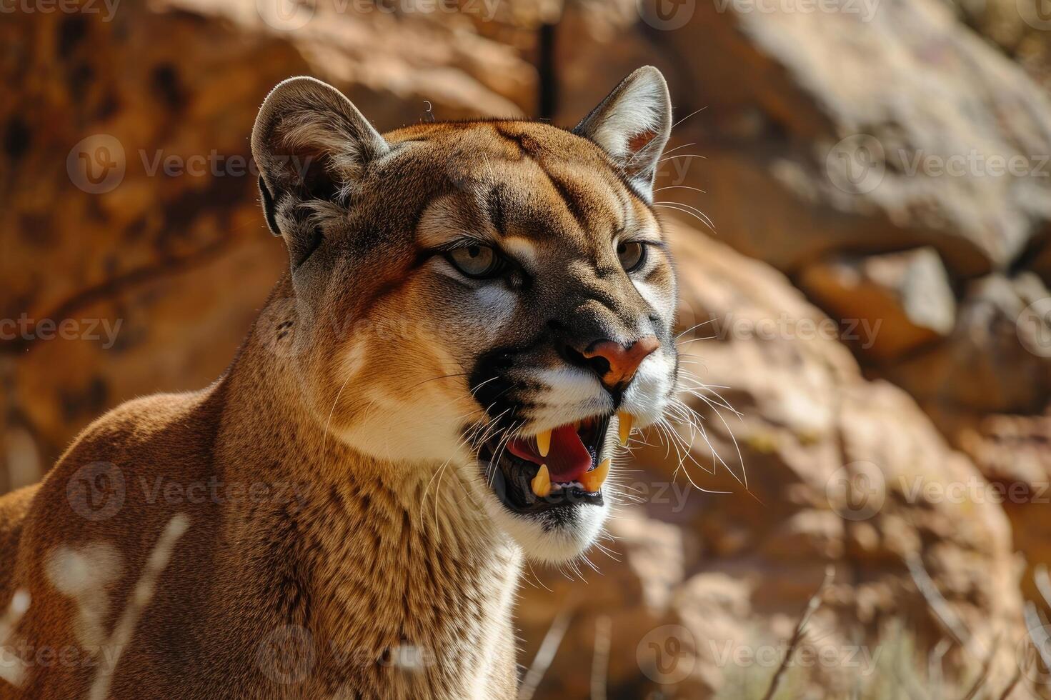 ai generato ruggente Puma o montagna Leone cacce suo preda foto