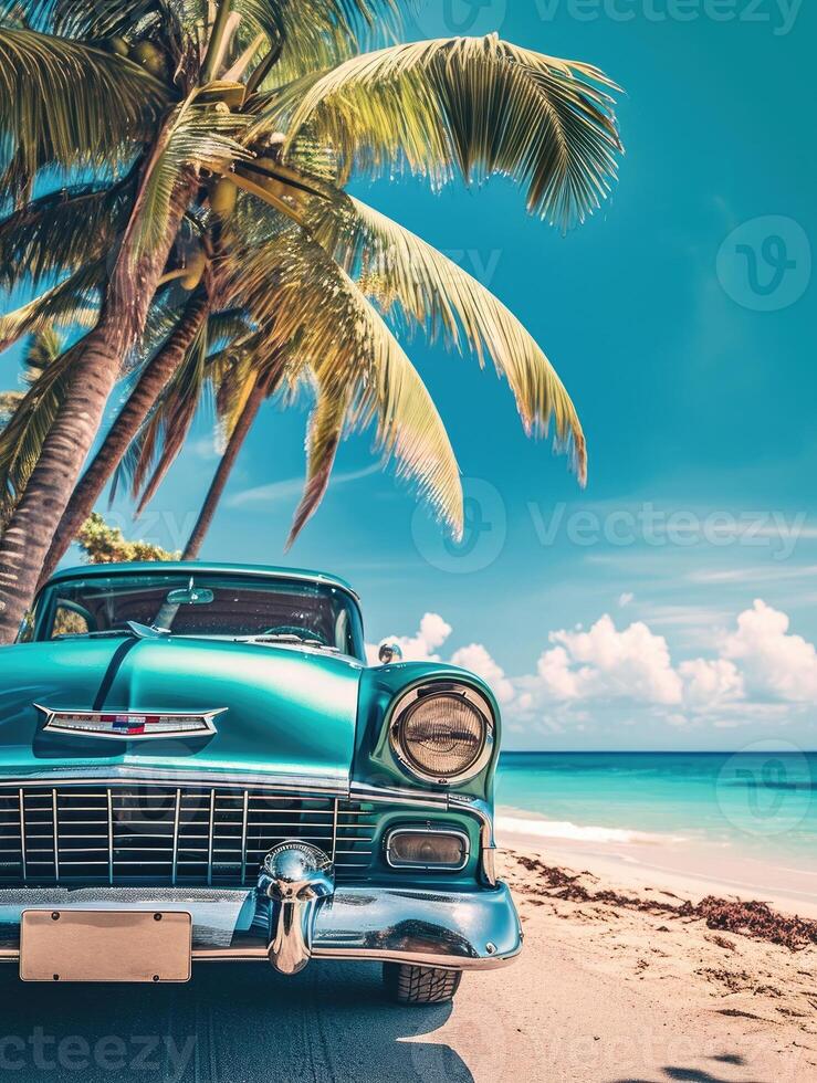 ai generato un vecchio auto parcheggiata su un' tropicale spiaggia foto