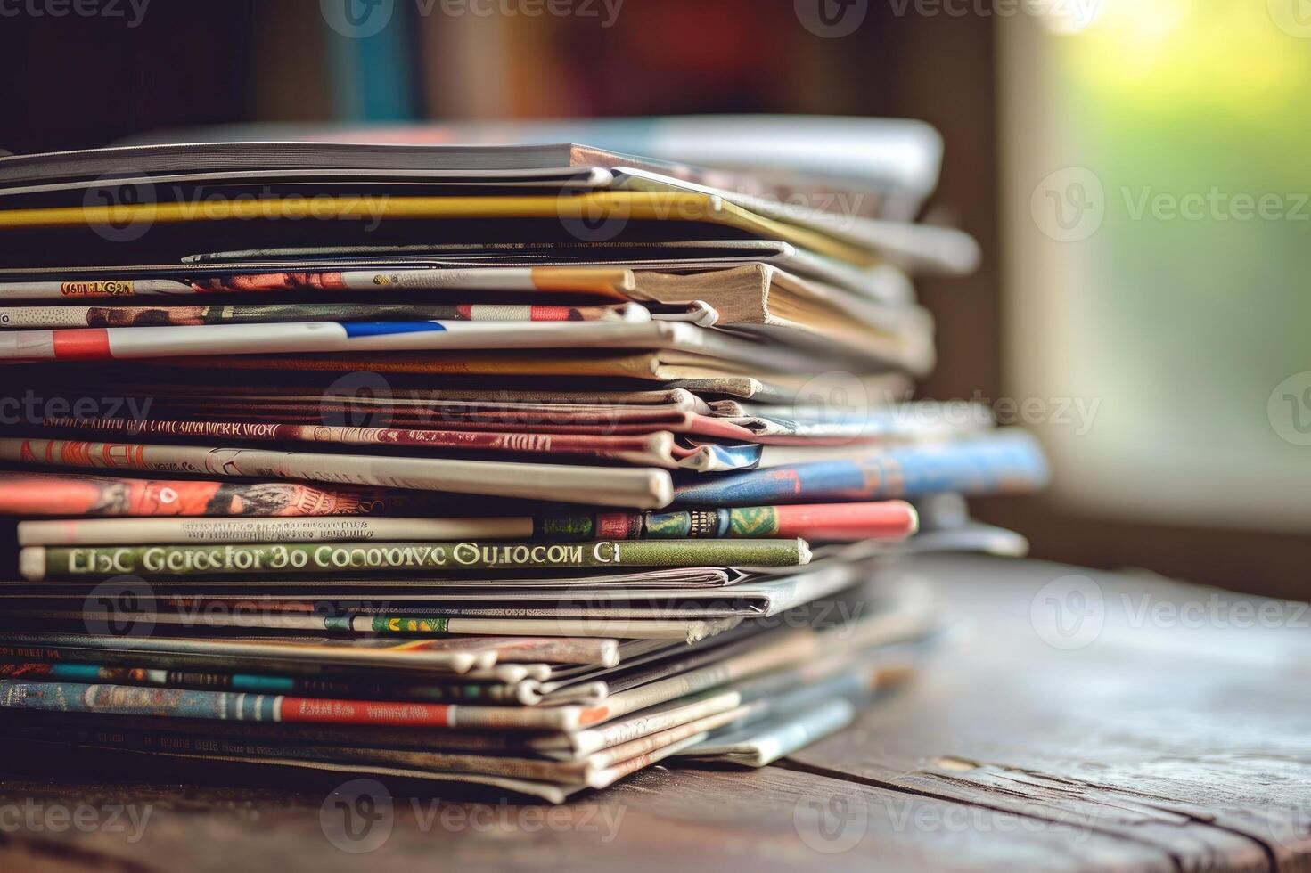 ai generato pila di riviste su tavolo foto