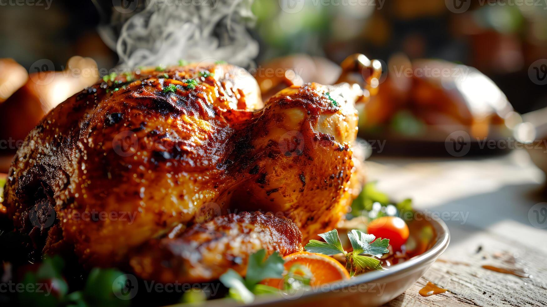 ai generato arrostito pollo con verdure e erbe aromatiche su un' di legno tavolo. foto