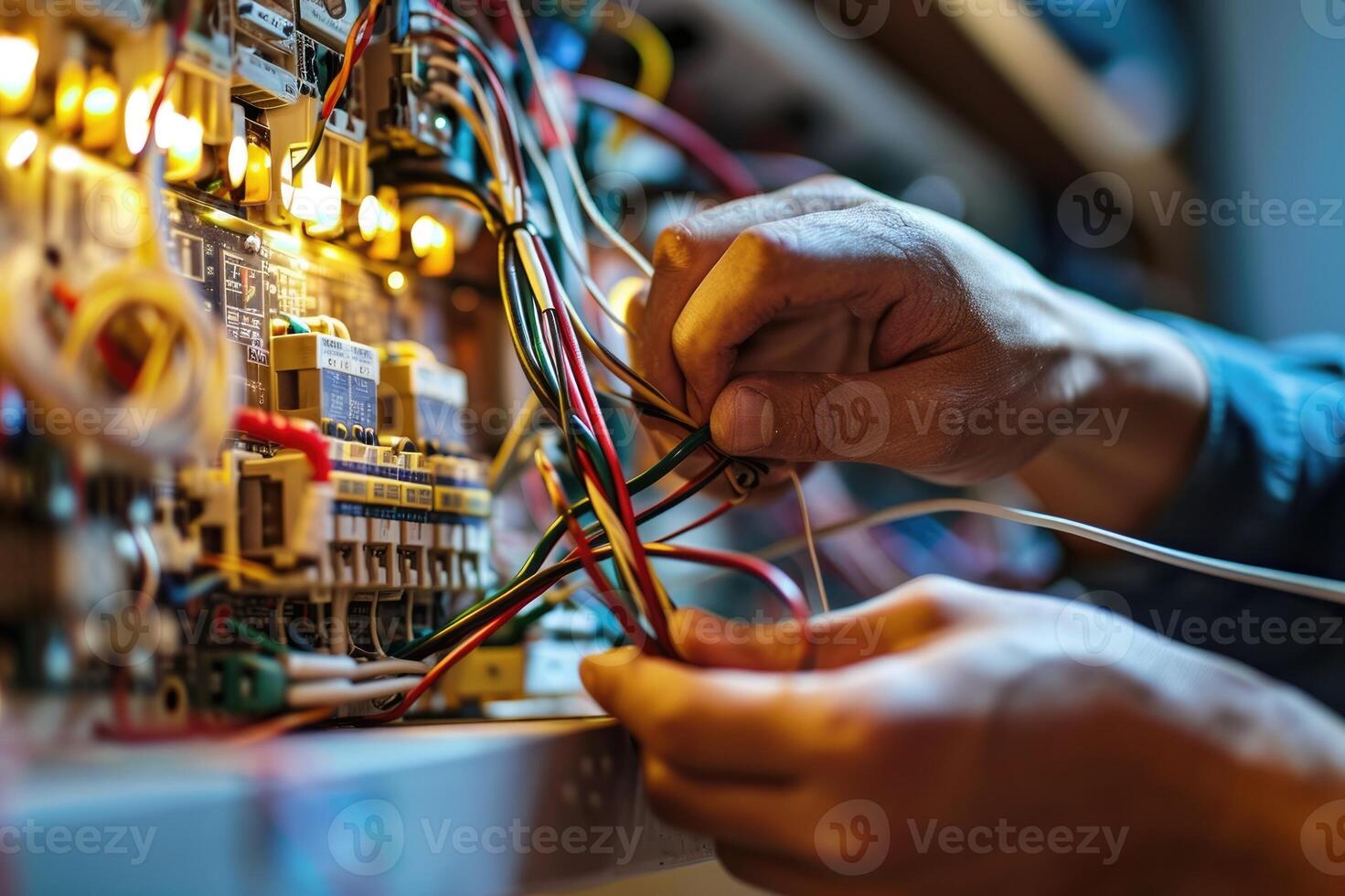 ai generato vicino su dettaglio di un elettricista mani Lavorando con fili e fusibile interruttore scatola. foto