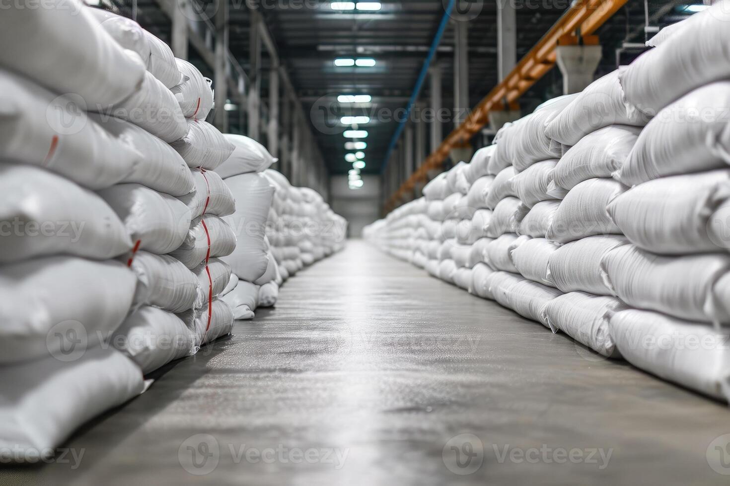 ai generato righe di grande bianca sacchi a grande magazzino nel moderno fabbrica. foto