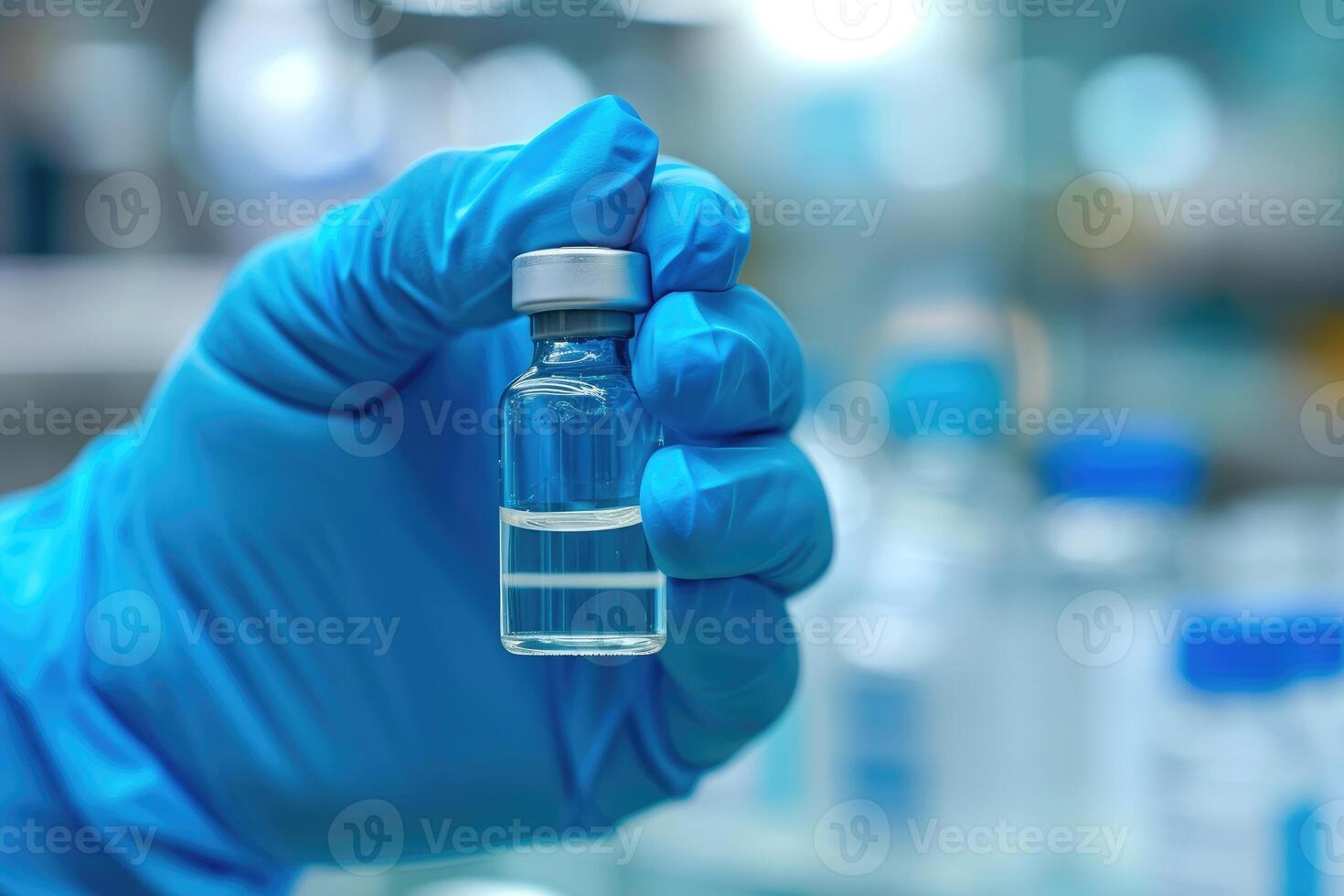ai generato assistenza sanitaria concetto con un' mano nel blu medico guanti Tenere un' bottiglia di influenza vaccino e virale malattie foto