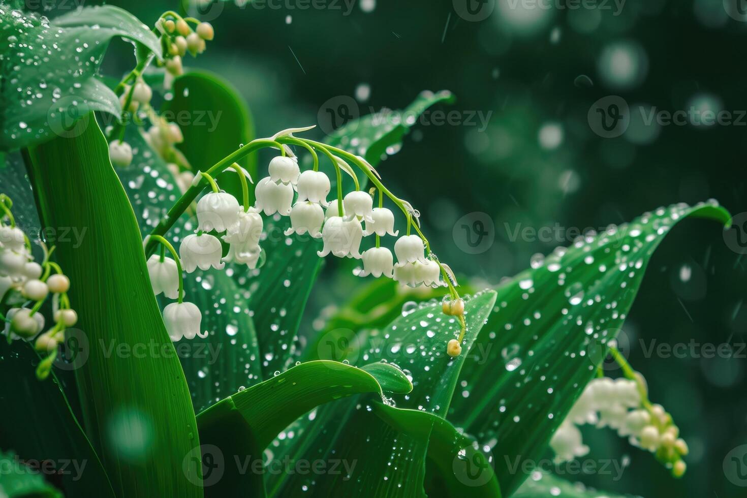 ai generato bianca giglio di il valle fiori. convallaria majalis foresta fioritura pianta con gocce di pioggia. foto