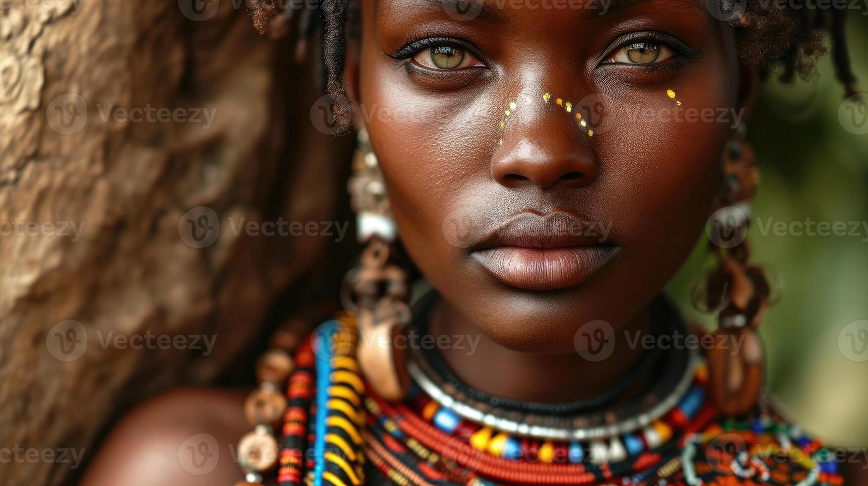 ai generato maasai donna e tradizionale perline ornamenti riflettendo sua identità. foto