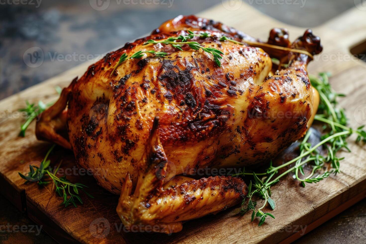 ai generato arrostito totale pollo su un' di legno tavola. foto