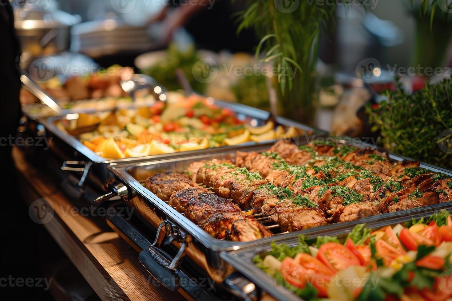 ai generato ristorazione buffet cibo interno nel ristorante con grigliato carne. foto