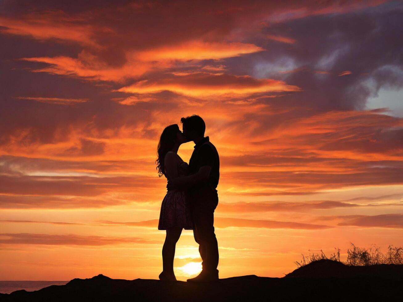 ai generato silhouette di un' coppia condivisione un' bacio contro un' colorato tramonto foto