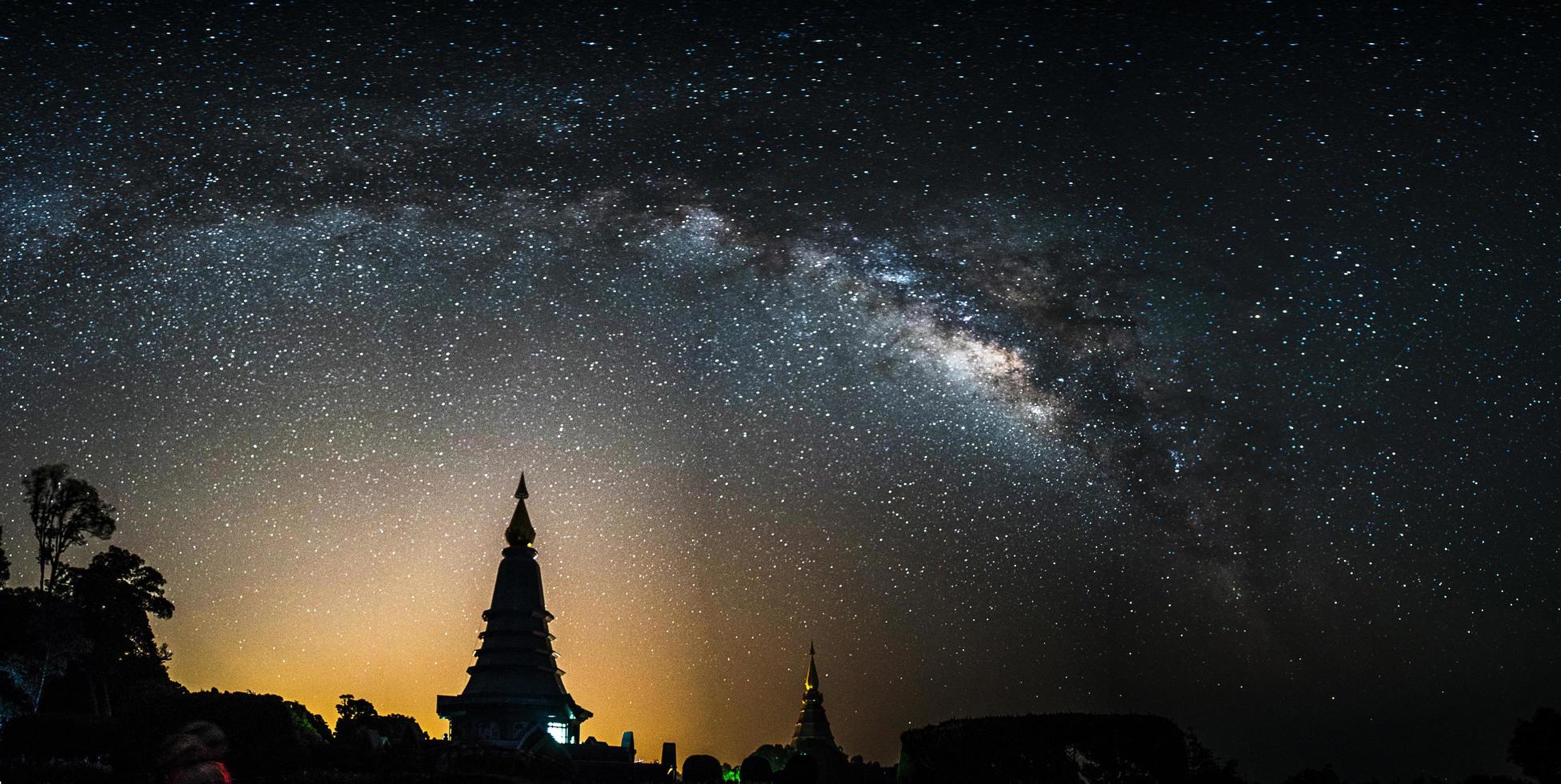 galassia della via lattea di notte sopra la sagoma della pagoda in thailandia. foto