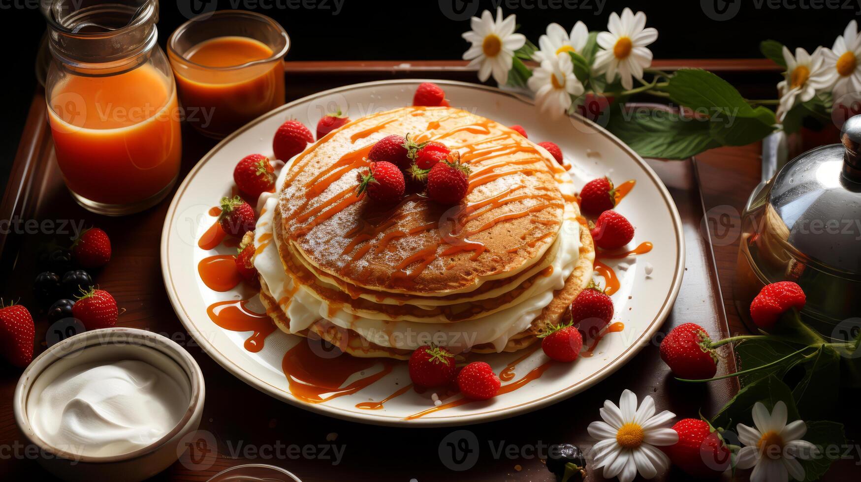 ai generato Pancakes con fresco frutti di bosco e caramello su di legno tavolo. foto