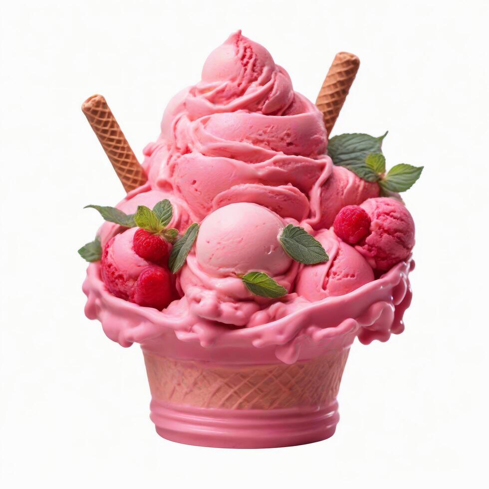 ai generato rosa ghiaccio crema con menta e frutti di bosco nel cialda cono isolato su bianca sfondo foto