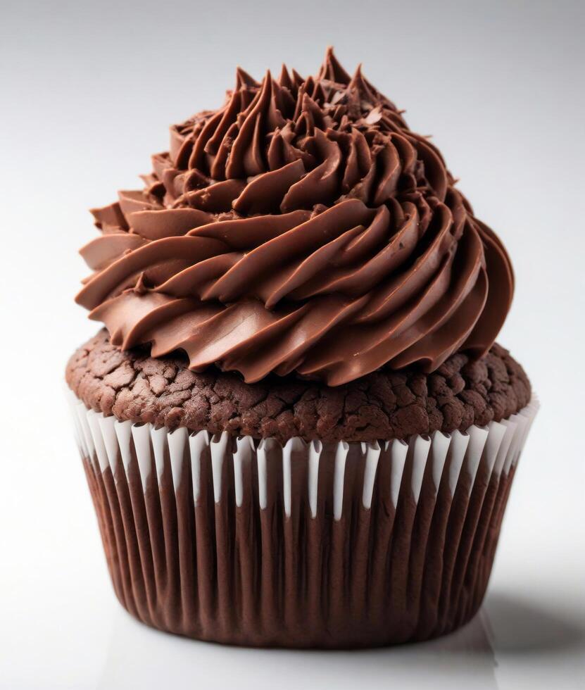 ai generato cioccolato Cupcake ornato con un' cremoso turbine di cioccolato glassa foto