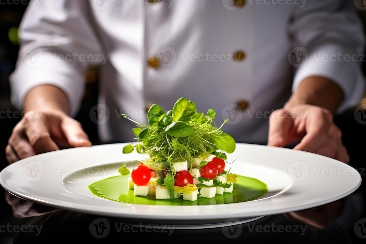 ai generato moderno cibo stilista decorazione pasto per presentazione nel ristorante. avvicinamento di cibo elegante. ristorante servendo. avvicinamento su il mano di un' Cameriere trasporto cibo foto