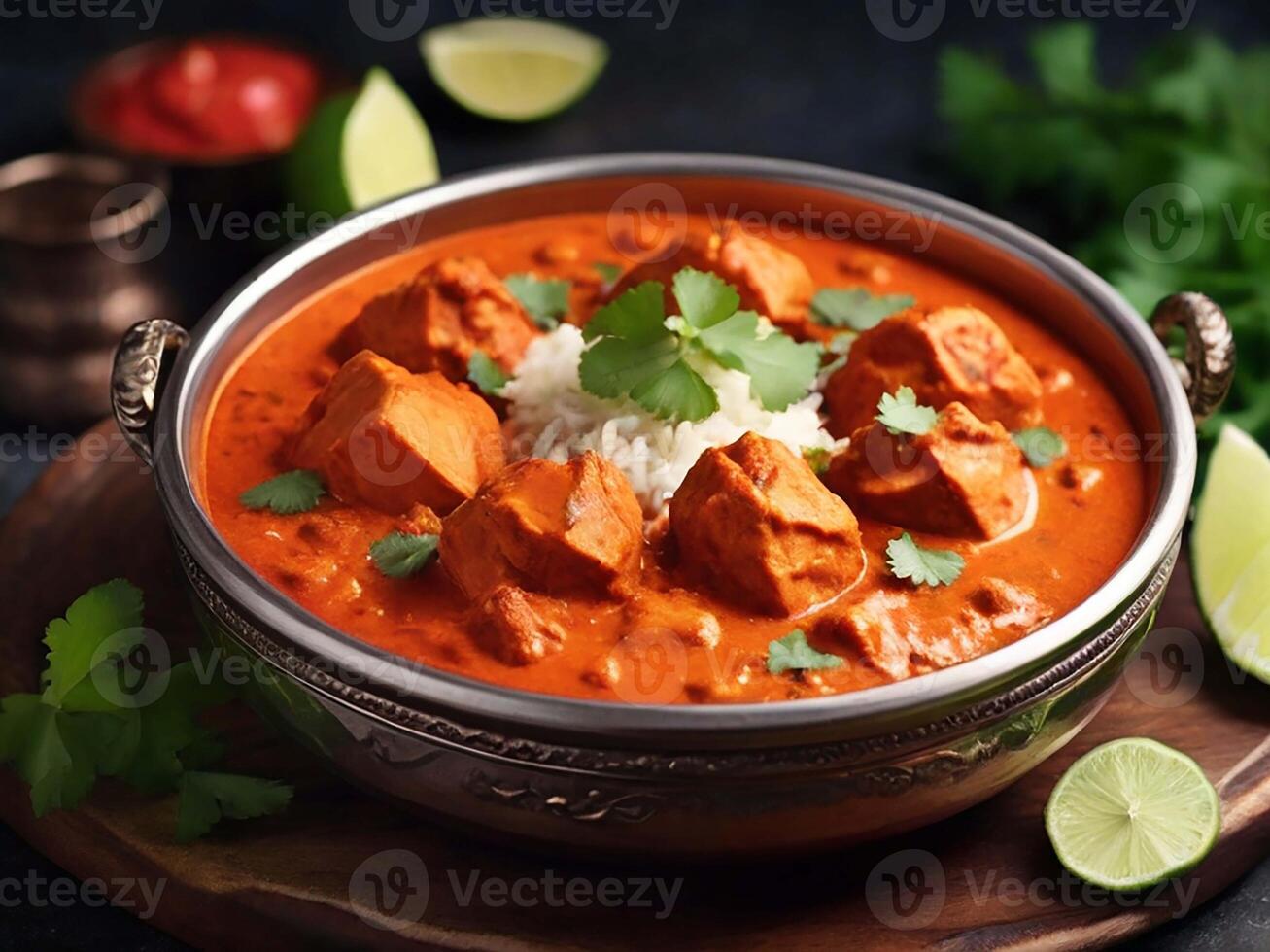 ai generato pollo tikka masala servito con naan . generativo ai foto