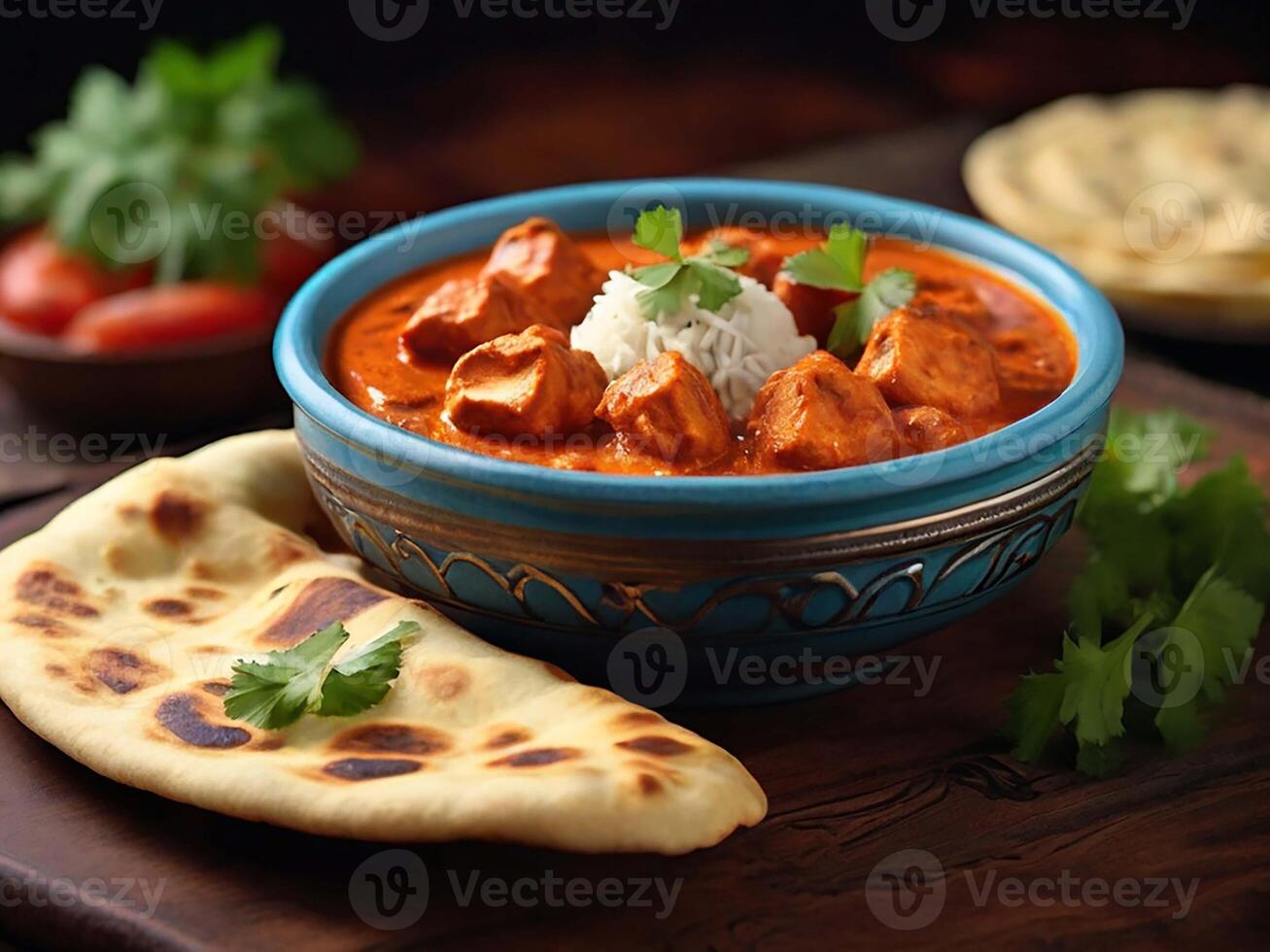 ai generato pollo tikka masala servito con naan . generativo ai foto