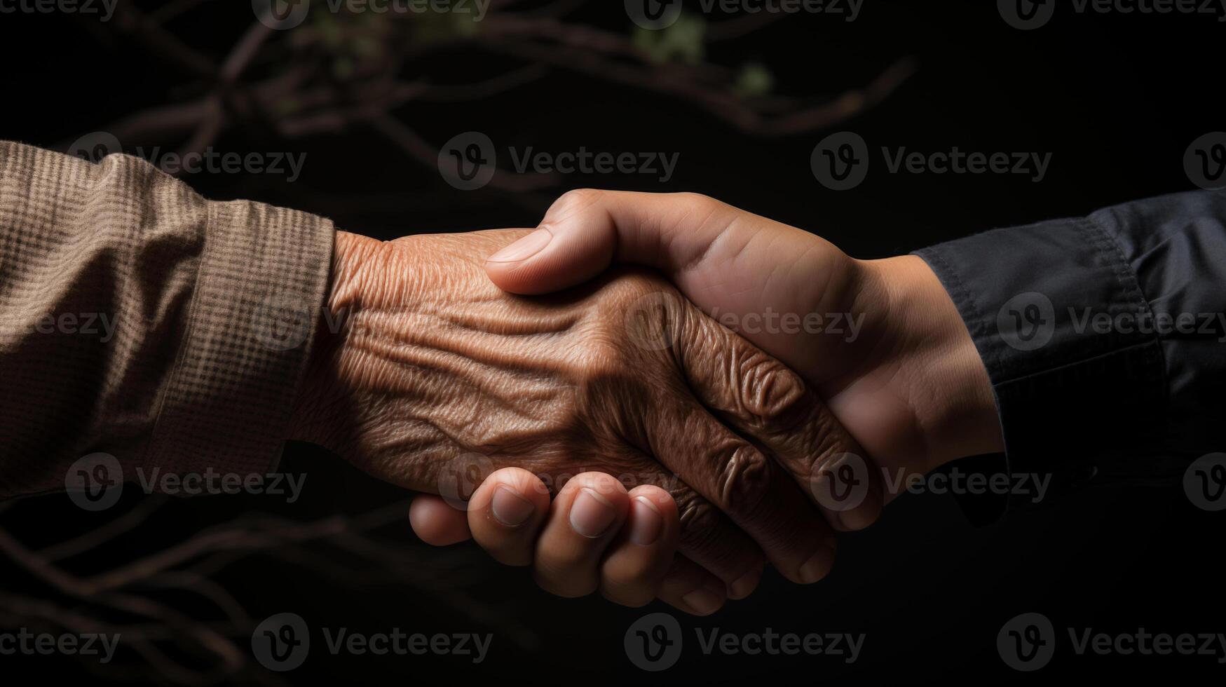 ai generato vicino su di stretta di mano di nonno e figlio foto