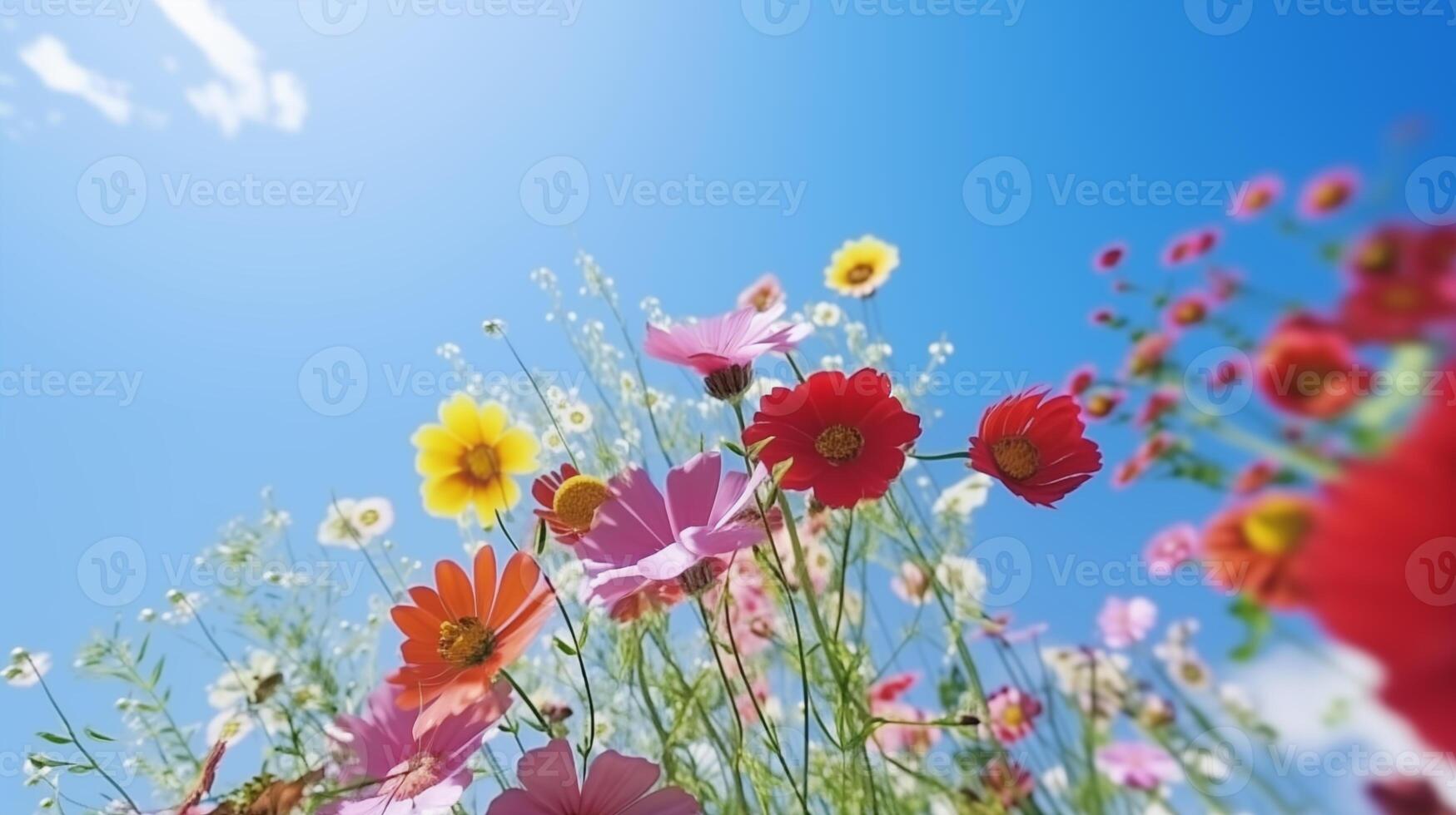 ai generato fioritura colorato selvaggio fiori contro blu cielo foto